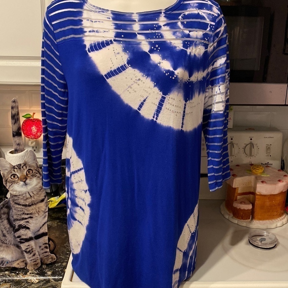 L womens T/O casual blue stretch 3/4 sleeve plus size top 1X